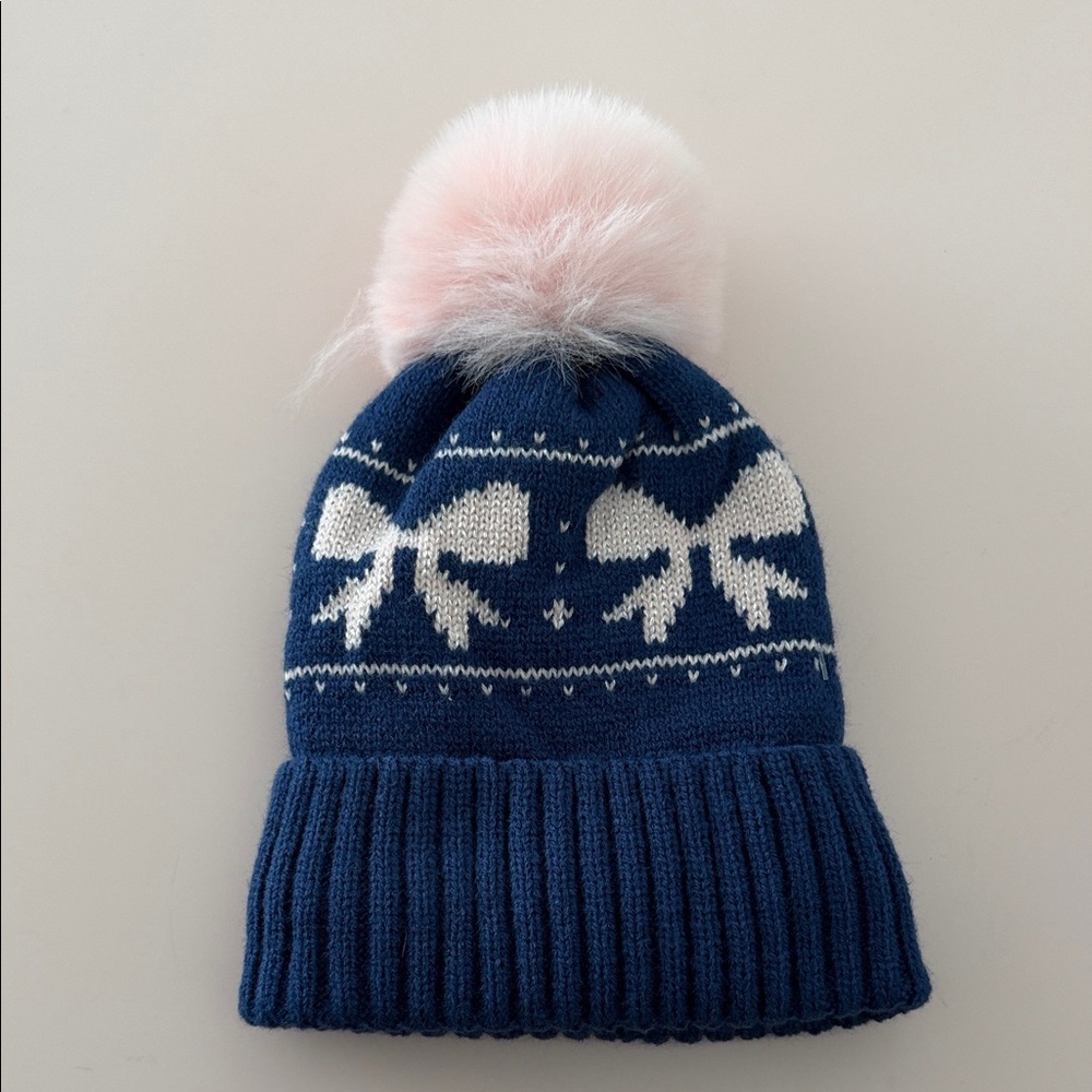 Kids Blue and Pink Pom-Pom Beanie